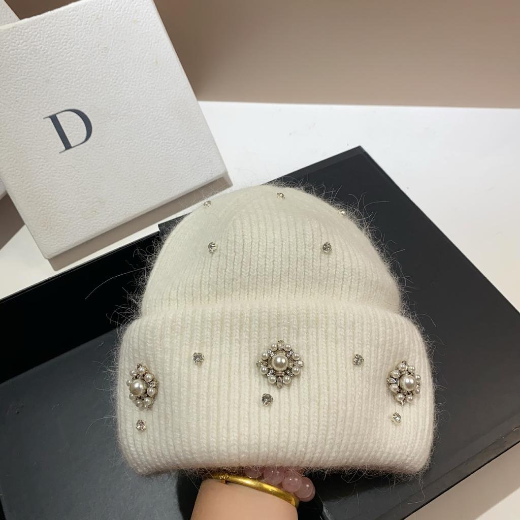 Palace Rhinestone Rabbit Fur Knitted Hat Princess Sweet Celebrity Xiaoxiangfeng Warm Ear Protection Wool Hat