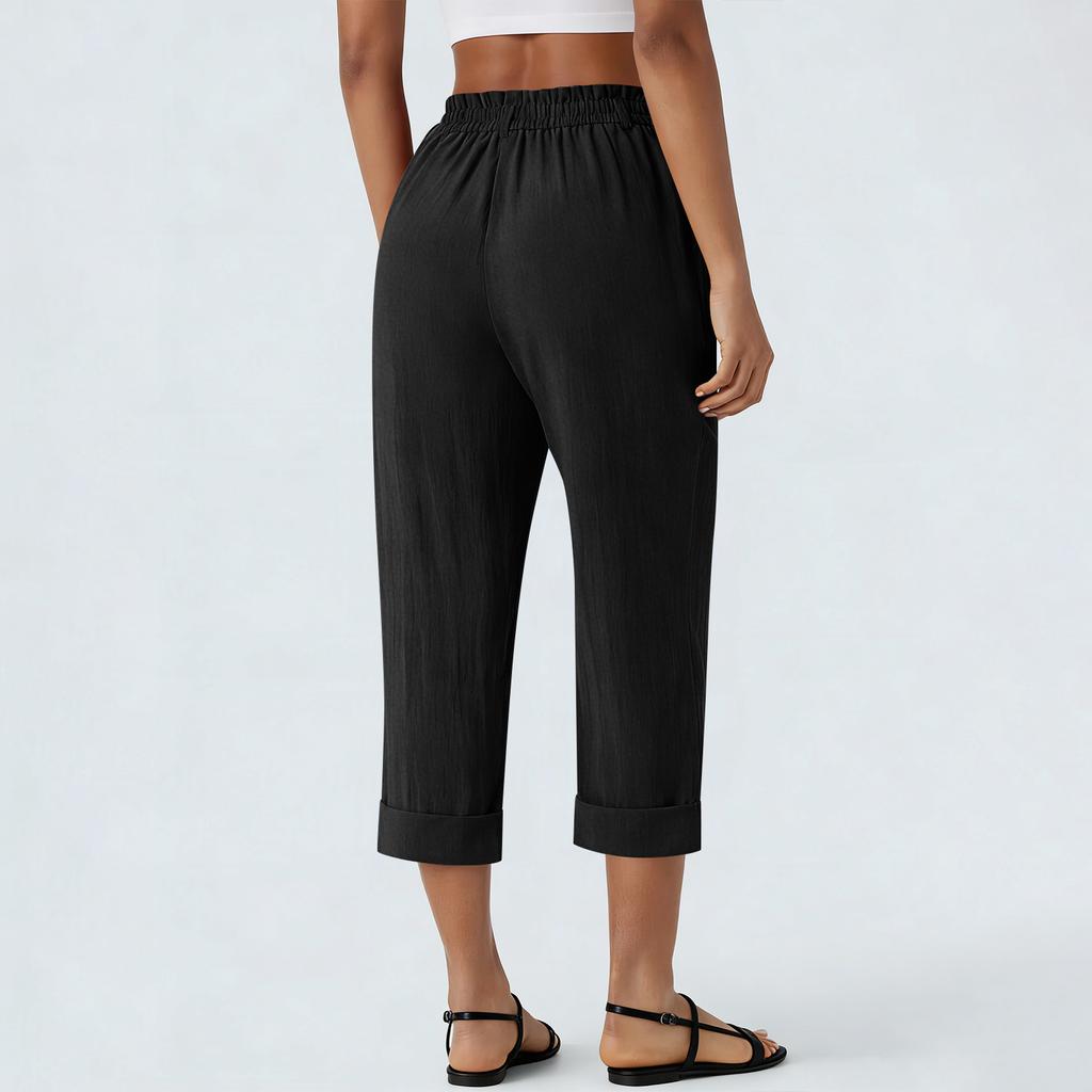 Women’s Wide Leg Cropped Pants Relaxed Fit High Waist Trousers with Pockets Button Closure Lightweight Material
