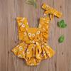 Toddler Girls Romper, Floral Top, No Sleeve Pleated Crotch Buttons Summer Skirt Flouncing Bowknot Headband