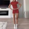 Women Solid Short Sleeve Round Neck T Shirt And Shorts Casual Two Piece Set