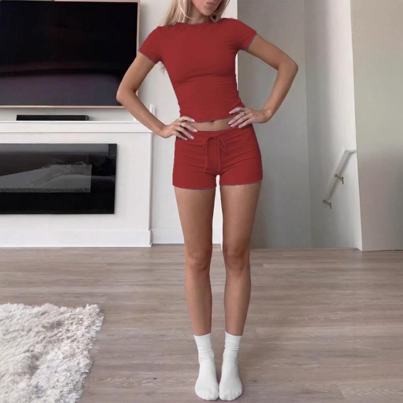 Women Solid Short Sleeve Round Neck T Shirt And Shorts Casual Two Piece Set
