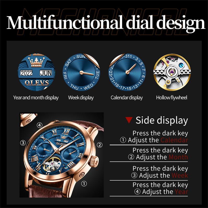 OLEVS Rose Gold Blue Perpetual Calendar Automatic Mechanical Watch Men's Luxury Leather Fashion Tourbillon Watches Reloj Hombre
