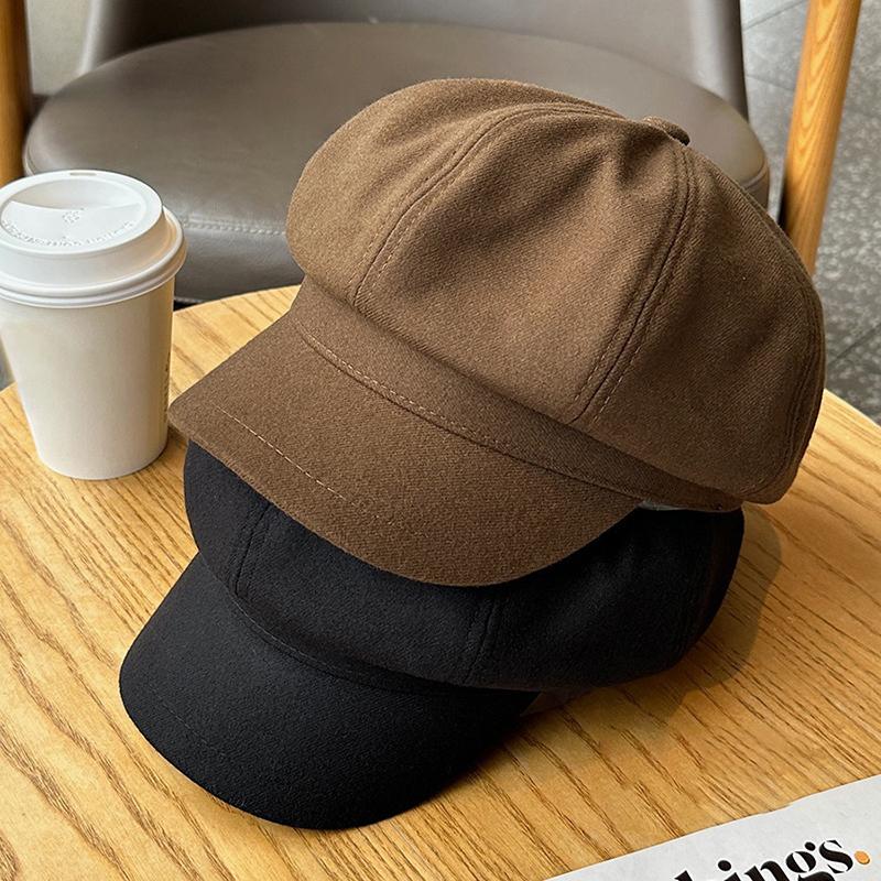 Winter Woolen Berets for Women Vintage Solid Color Octagonal Hat Autumn Warm Thick Newsboy Cap