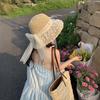 Summer lace flower shade straw hat female bow pearl decoration brim seaside vacation wind sun hat