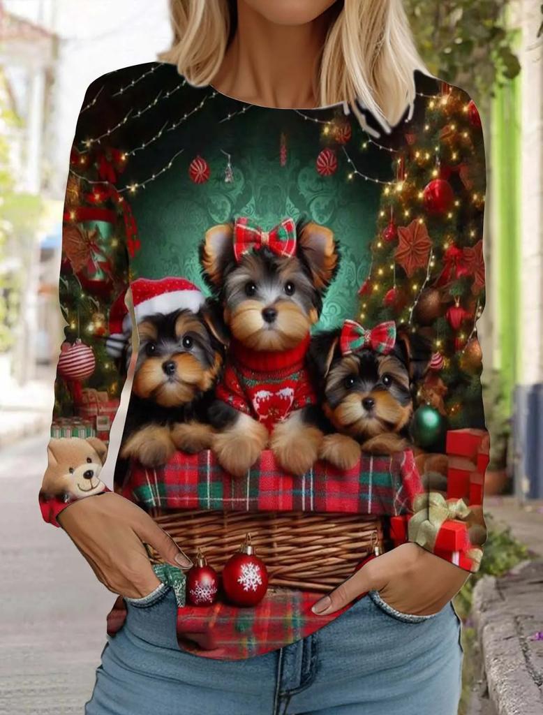 Large-sized Funny Women Christmas Cat Pattern T-Shirts Autumn Long Sleeve Christmas Snowflakes 3D Printed Street Ladies Clothing Casual Tops