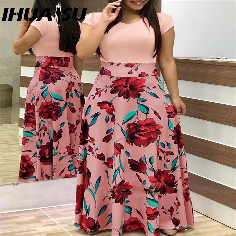 IHUASU Floral Print Patchwork Short Sleeve Bohemian Dress Women Summer O-Neck Big Swing Long Dresses