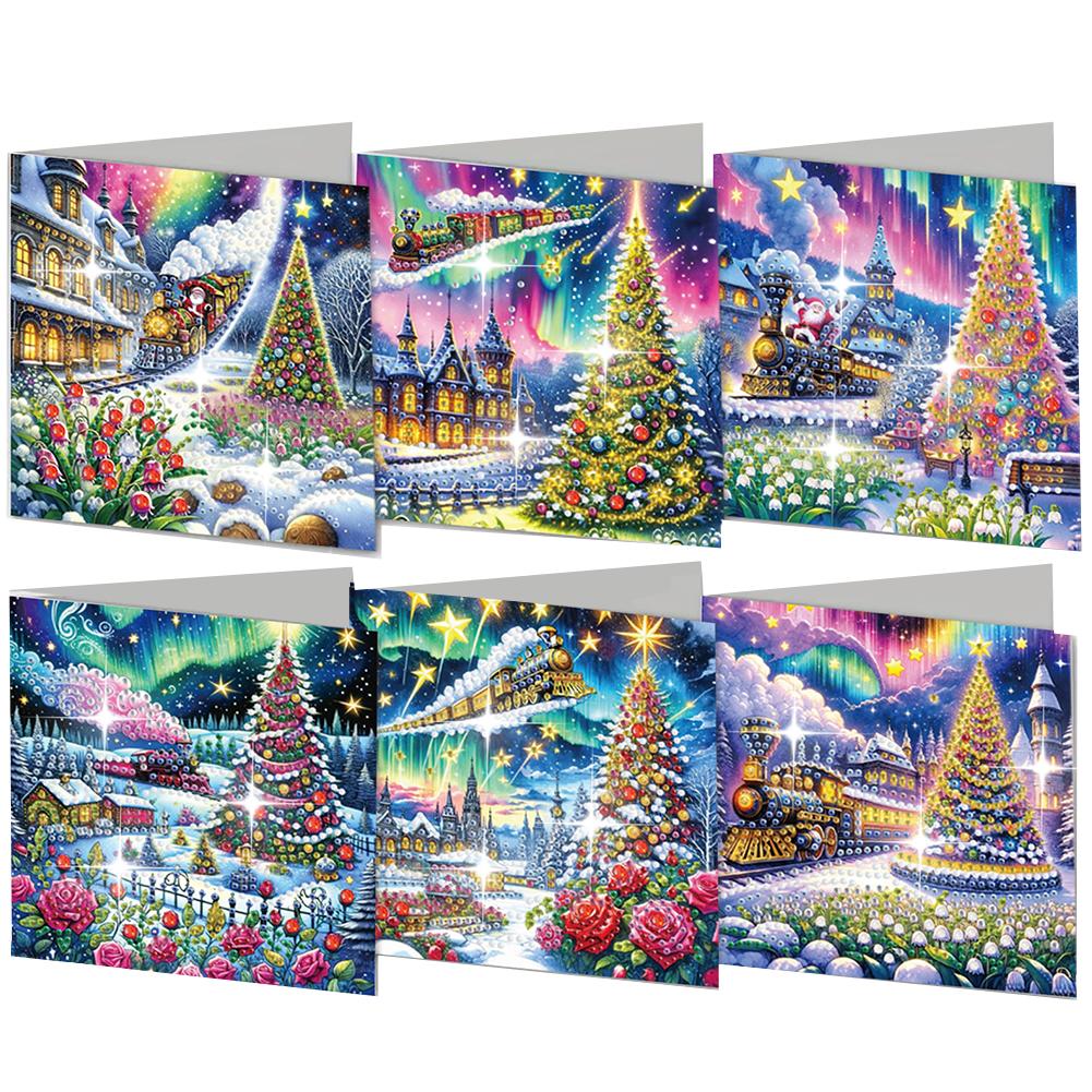 6Pcs Christmas Tree DIY Diamond Painting Card Rhinestone Painting Card Kit Diamond Painting Greeting Card for Adults Beginners