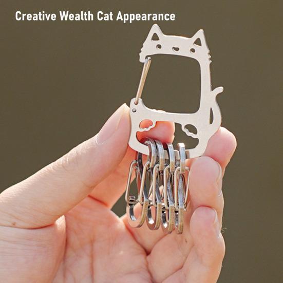 Stainless Steel Lucky Cat Keychain with Detachable S-shape Hooks Heavy Duty Outdoor Camping Portable Car Key Holder Metal Hanging Buckle Carabiner