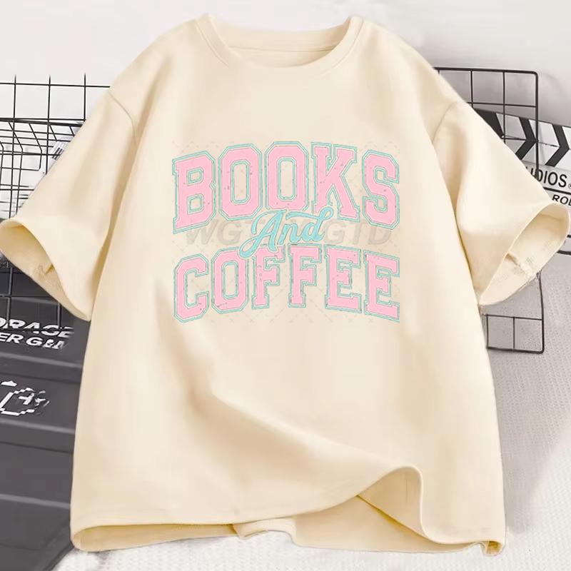 Unisexs Unisexs Books And Coffee Tshirt Retro Casual Short Sleeve Tee Book Coffee Lover Gift Short Sleeve Top For Daily Wear