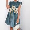 Women Fashion Summer Casual O-Neck Ruffle Sleeve Sleeveless Flowy  Short Tunic Dress