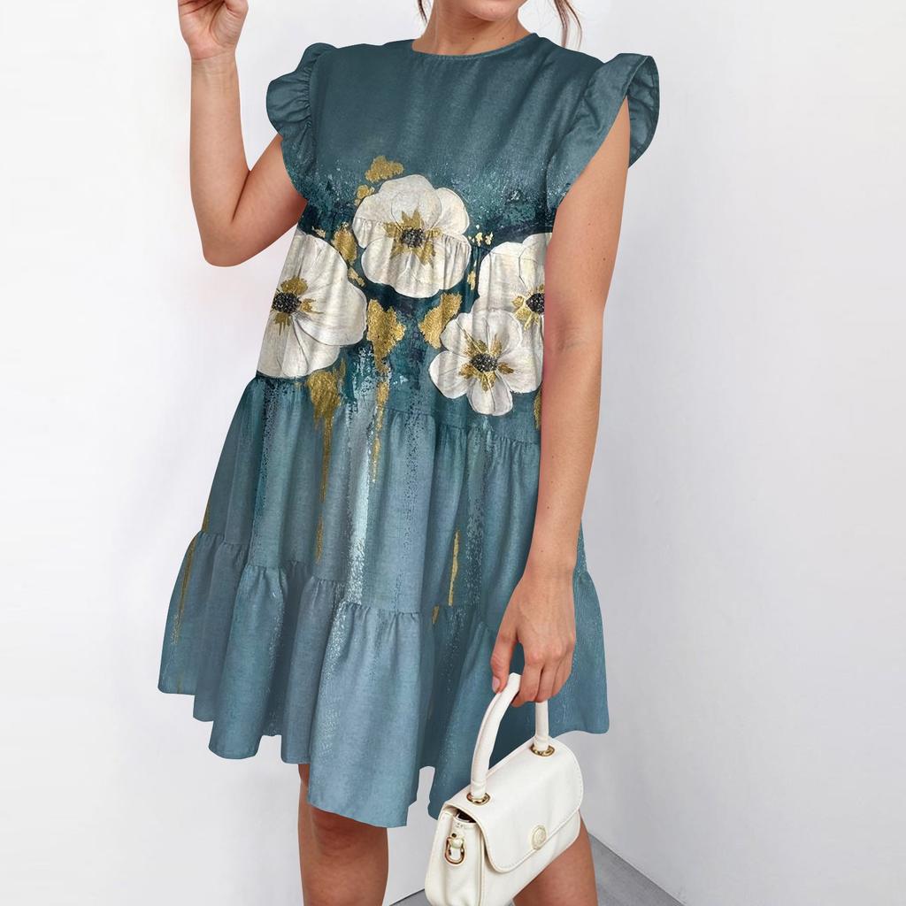 Women Fashion Summer Casual O-Neck Ruffle Sleeve Sleeveless Flowy Short Tunic Dress