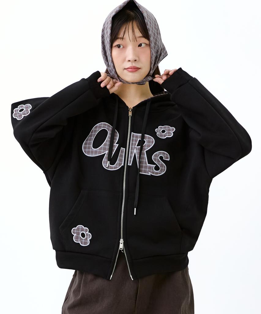 Oursaysour Ours Check Flower Applique Zip-Up Hoodie Black