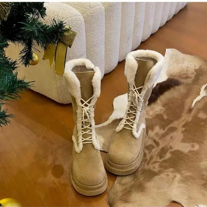 Fashion Shoes for Women 2024 Fashion Lace Up Women's Boots Winter Round Toe Plush Fleece for Warmth Solid High Tube Platform Boots