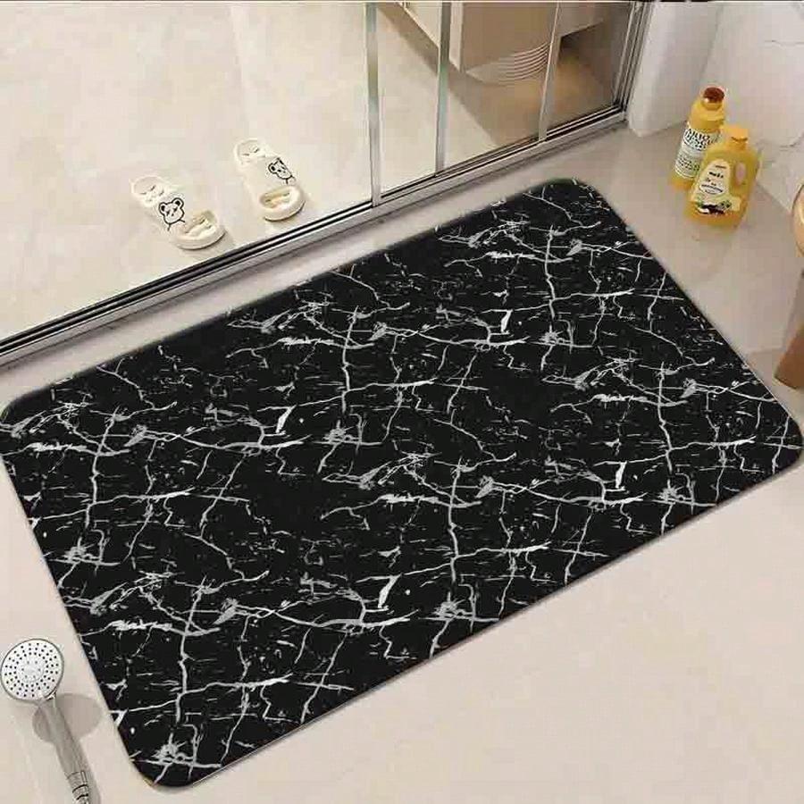 1pc Flannel Floor MatMinimalist Black Marble Pattern Non-Slip Floor Mat Modern Abstract Stone Texture Decorative Rug For Home DecorNon-Slip, Machine W