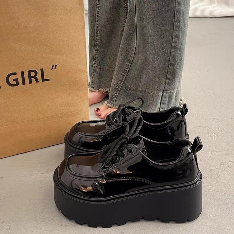 Fashion Women's Thick Soled 7CM Leather Shoes New British Lacing Non-slip Punk Loafers Versatile Retro Platform Casual Heighten Shoes