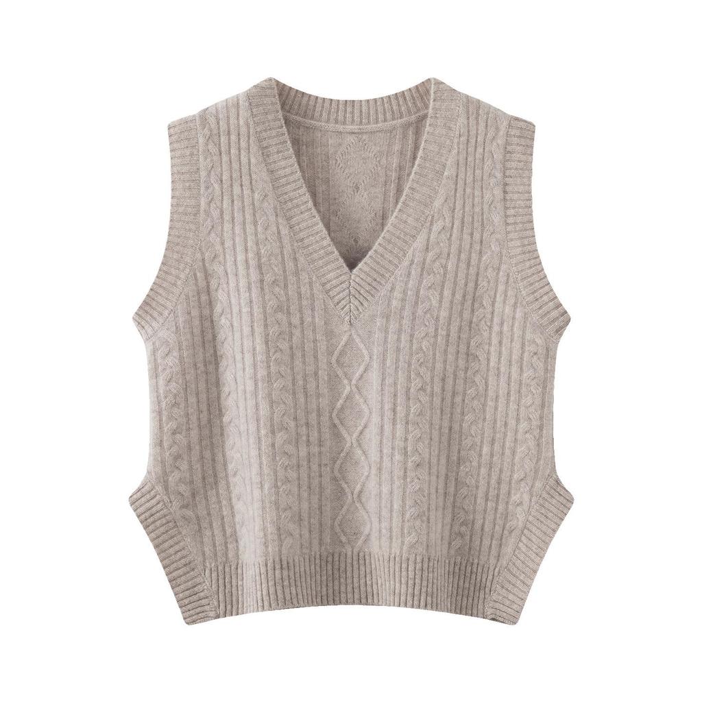 Women's Wool V-neck Diamond Pattern Knit Vest - Versatile Loose Sleeveless Cardigan for Autumn/Winter