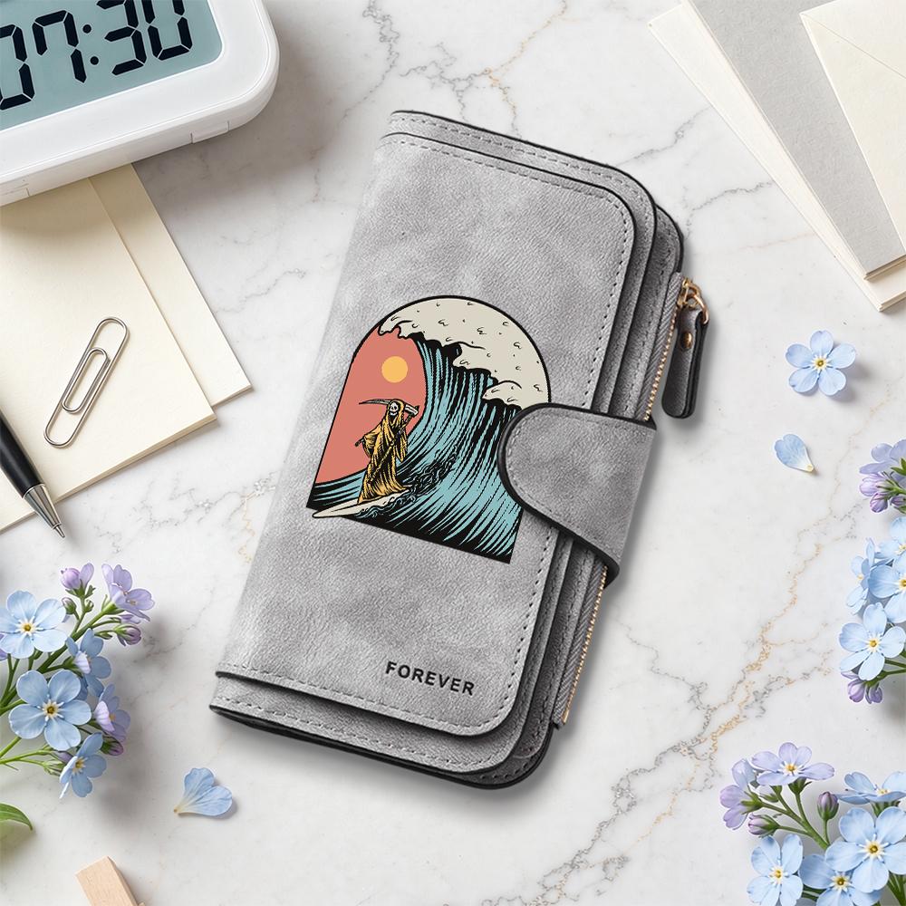 Grim Reaper Surf Pattern Long Wallet Fashion Casual Large Capacity Daily Use Card Holder Purse