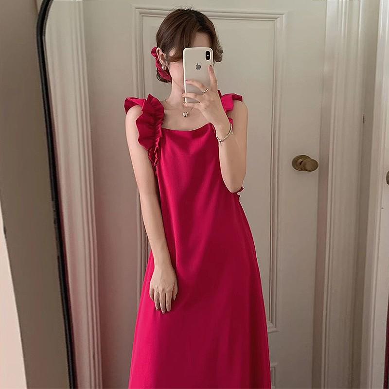 Elegant French Ruffle Spaghetti Strap Long Dress for Women