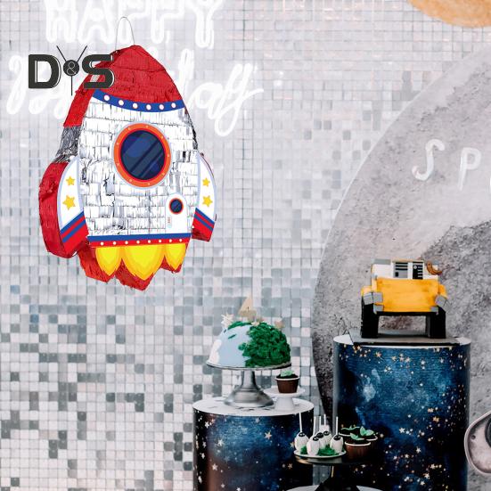 Pull String Rocket Ship Pinata Rocket Pinatas with Blindfold Bat Stick Confetti for Kids Space Themed Birthday Party Supplies