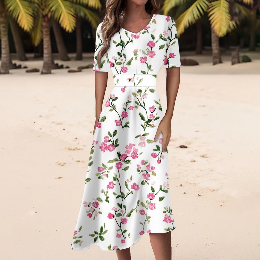 Damen Freizeitmode Kleid mit Blumendruck, V-Ausschnitt, kurzen Ärmeln und taillenlang