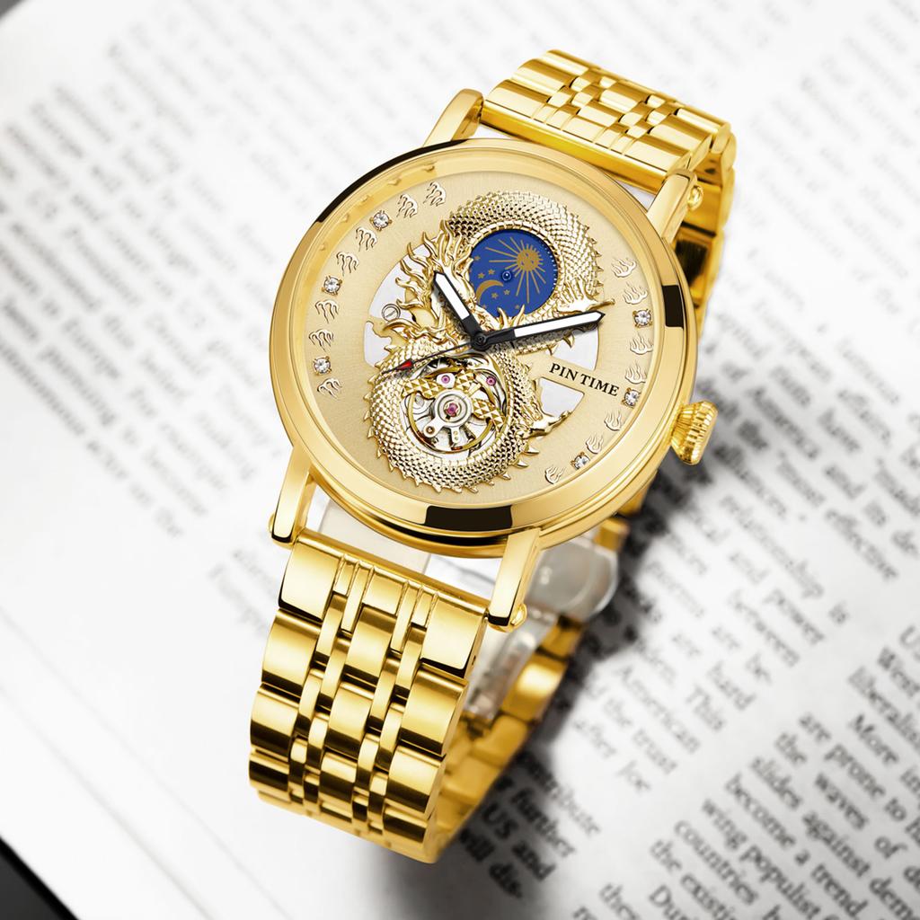 1pc Men's Golden Dragon Watch, Classic Tourbillon Automatic Mechanical Watch, Set with Diamonds, Luminous Hands, Stainless Steel