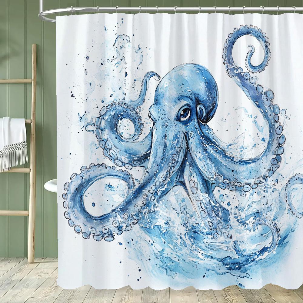 1Pc Octopus Shower Curtain Beach Blue Octopus Design Bathroom Decorative Printed Polyester Bath Curtain With Hooks