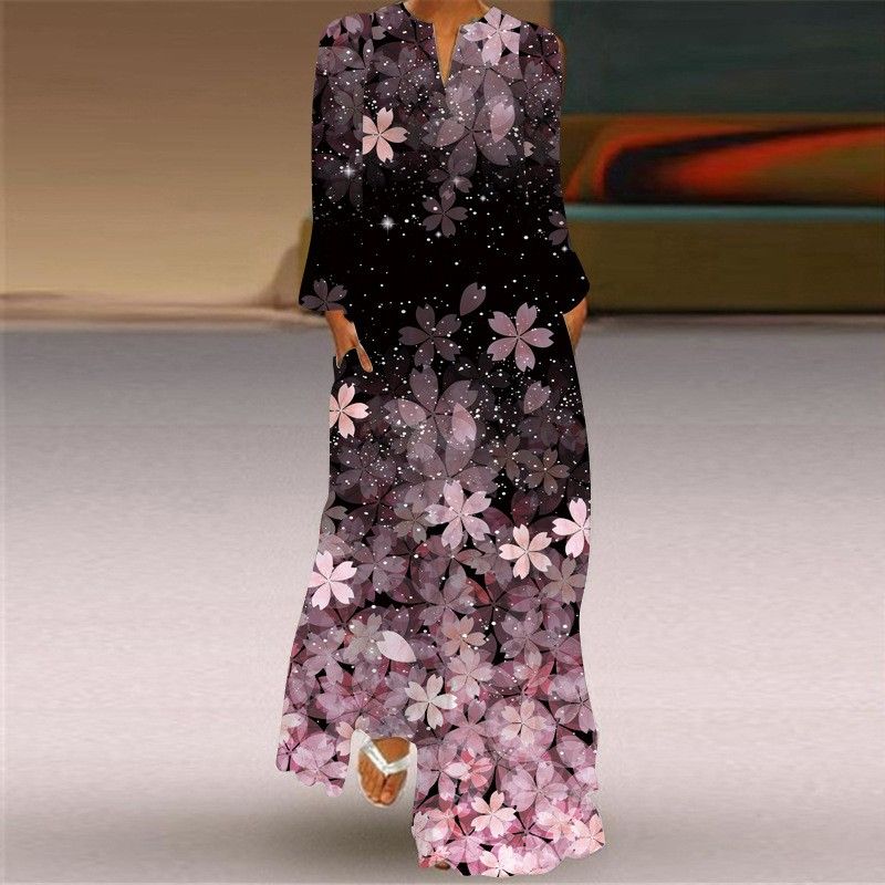 New Chinese Style Chinese Style Skirt Elegant Sexy Long Sleeves 3D Print Long Skirt Loose Plus Size Women's Clothing Long Dress