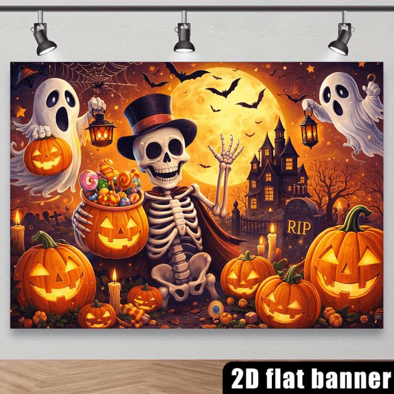 2D planar Halloween horror scene background fabric with a pumpkin ghost theme and glowing pumpkin lanterns.PMJ