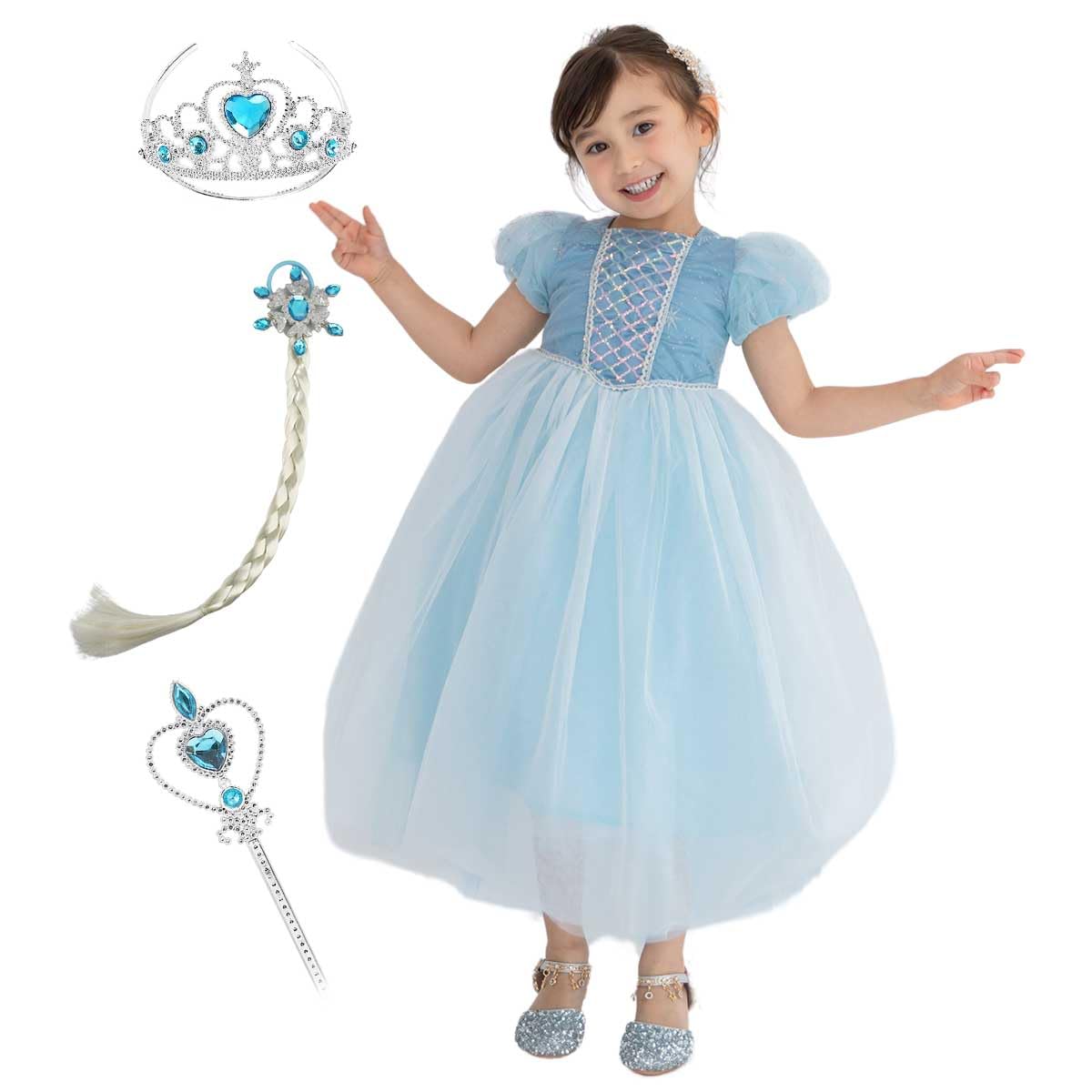 

monoii Princess Dress, Snow Queen Costume for Kids, Halloween, Christmas, Birthday, Girls, e0300 (Short Sleeves, 120cm)