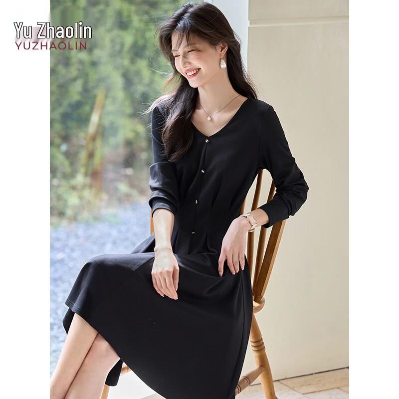 Yuzhaolin Women s Mid-Length Black V-Neck A-Line Dress M