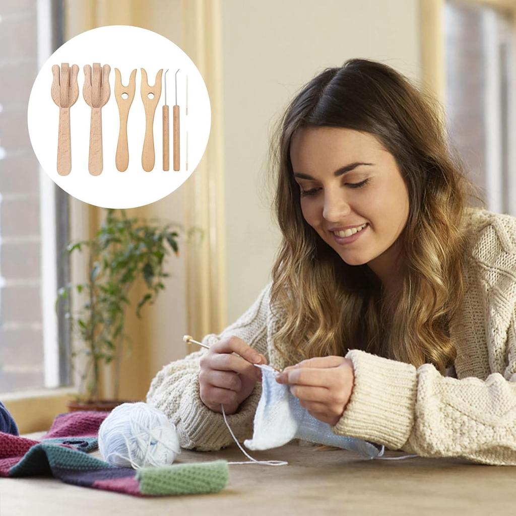 Knitting Fork and Needle Kit, Lucet Fork Crochet, 8Pcs Wooden Knitting Fork Big Eye Needle Portable Knitting Fork Set DIY Weaving Tools for Bracelet