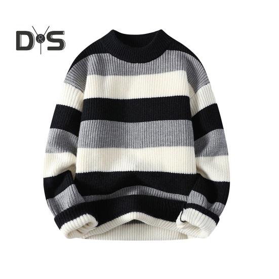 

Осень-зима мужской свитер с полувысоким воротником, утолщенный трикотажный теплый свободный цветной блок, свободный пуловер с длинными рукавами, повседневный спортивный свитер L чёрный