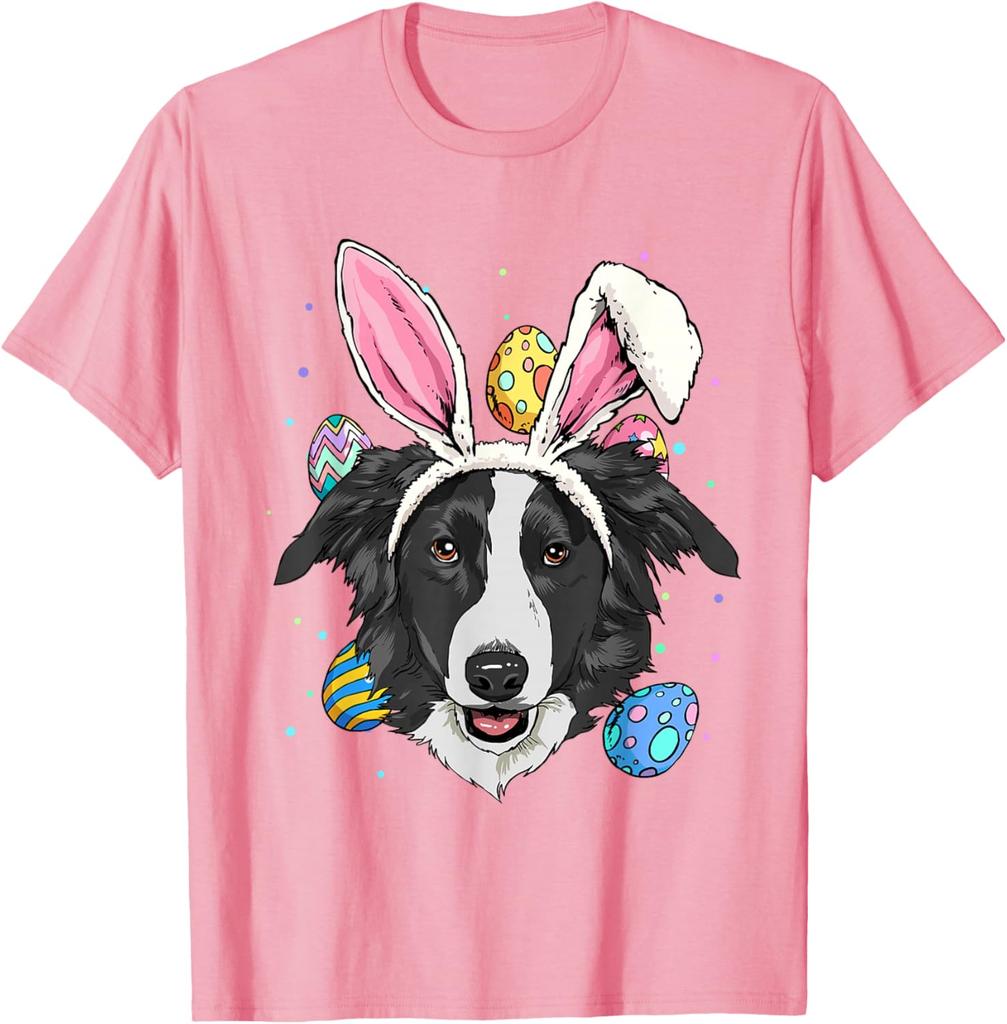 Border Collie Bunny Easter Eggs Dog Lover Graphic Tee Men Casual Trip T-Shirt