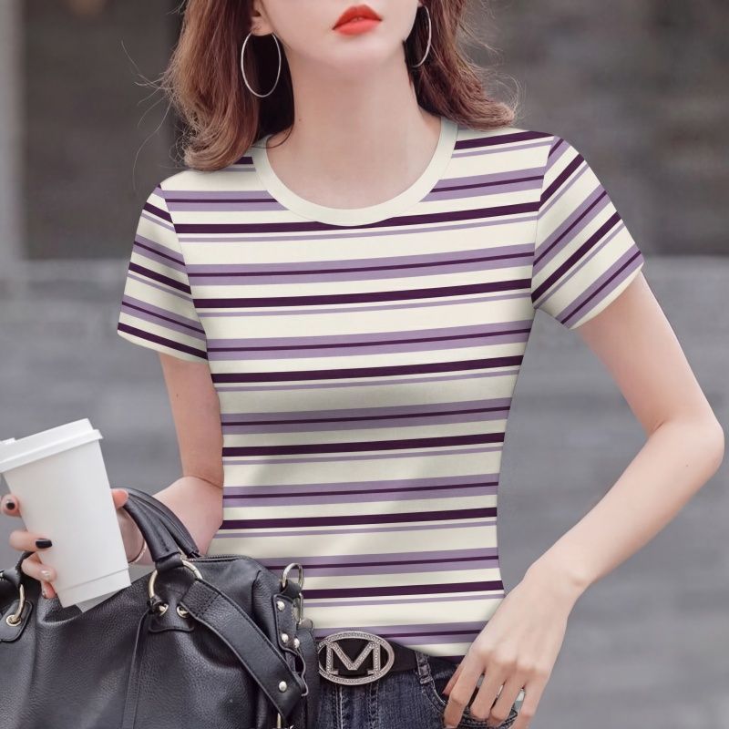 

New Large Size Women s Striped T-shirt, Short-sleeved T-shirt, Summer Western Style Mother Half-sleeved Round Neck Bottoming Shirt XXXL