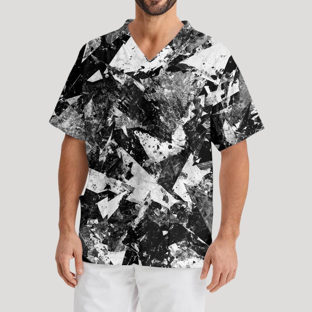 Herrtryck Kortärmad V-ringad Arbetsblus Bröstficka Vårdgivartopp