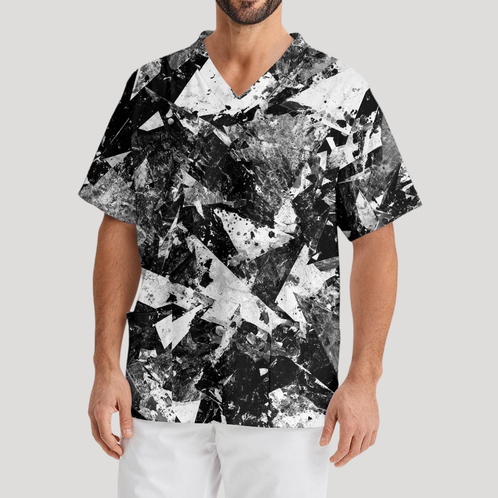 

Men s Printing Short Sleeve V-neck Working Blouse Chest Pocket Carer Top XL білий