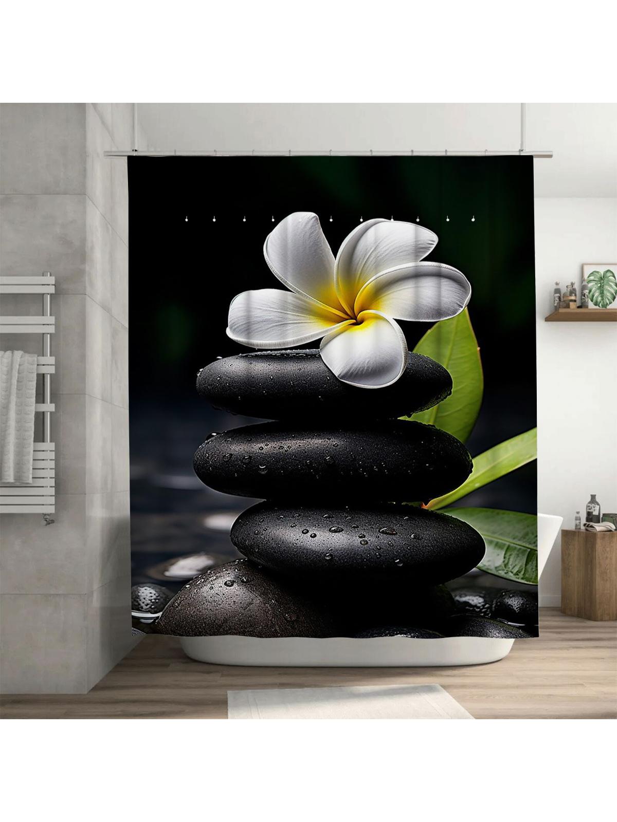

White Flower on Zen Stones Waterproof Shower Curtain Heat Resistant Machine Washable Non-Transparent 180x180cm 90X180cm(35x70in)