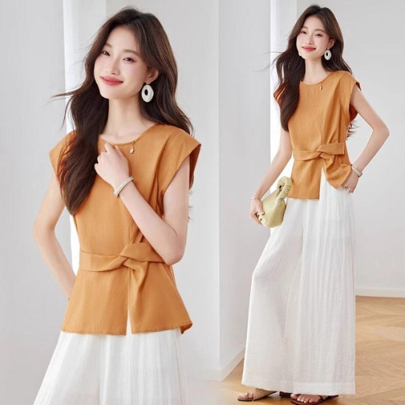

Summer Fashion Style Slimming Cotton Suit Set for Women - Sleeveless Top with Loose Wide-leg Pants Two-piece Set for Women 4XL помаранчевий