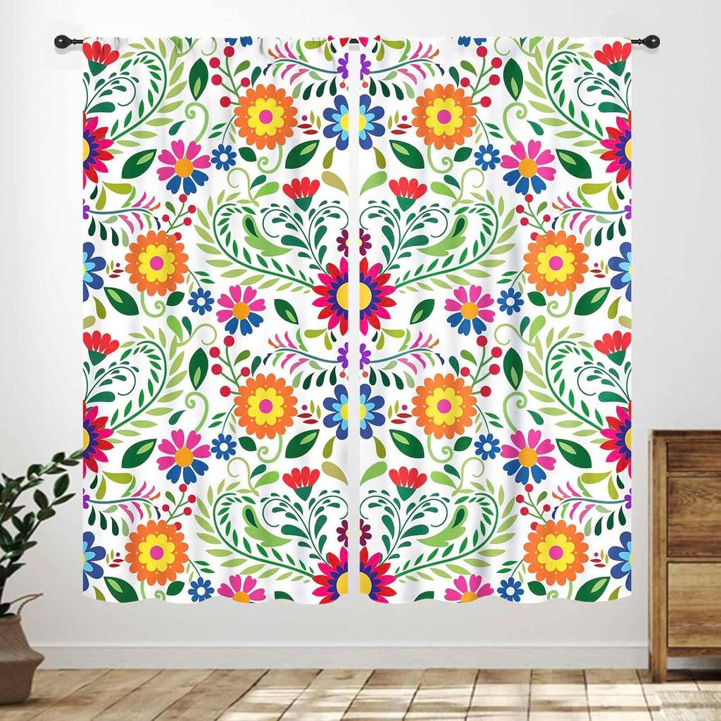 Mexican Flowers Curtains,Traditional Mexico Style Colorful Floral Cinco De Mayo Dia De Los Muertos Boho Botany Rustic Style