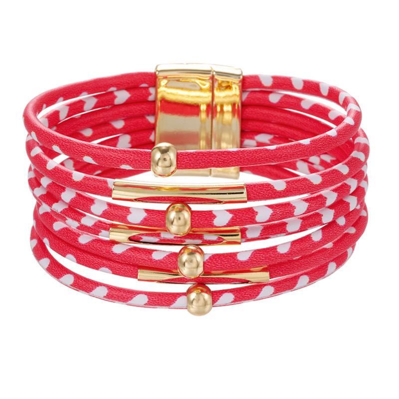 Leopard Print Magnetic Buckle Leather Bracelet: Alloy Beaded Cord with Copper Tube