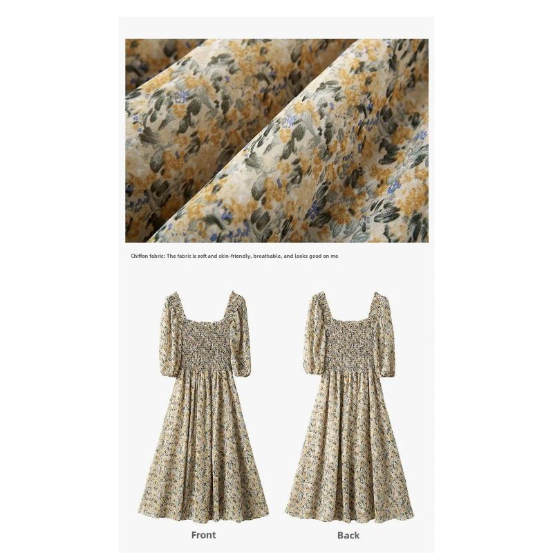 Abito lungo floreale vintage da donna in chiffon con colletto quadrato e maniche a sbuffo, stile francese, nuovo arrivo estivo 2024