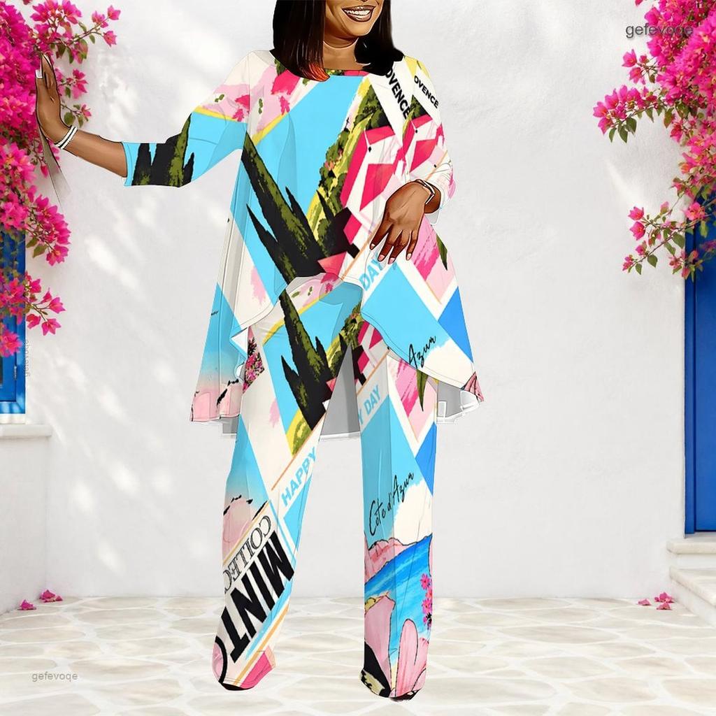 Women Plus Size Blue White Pink Printed Round Neck Long Sleeve Layered Two Piece Pants Set