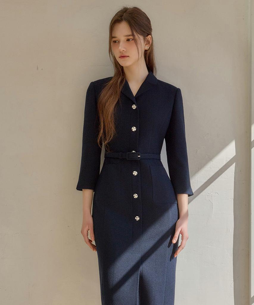 Julie And Kara 26Ss Calla134 Shebigins Serena Tweed Dress Navy