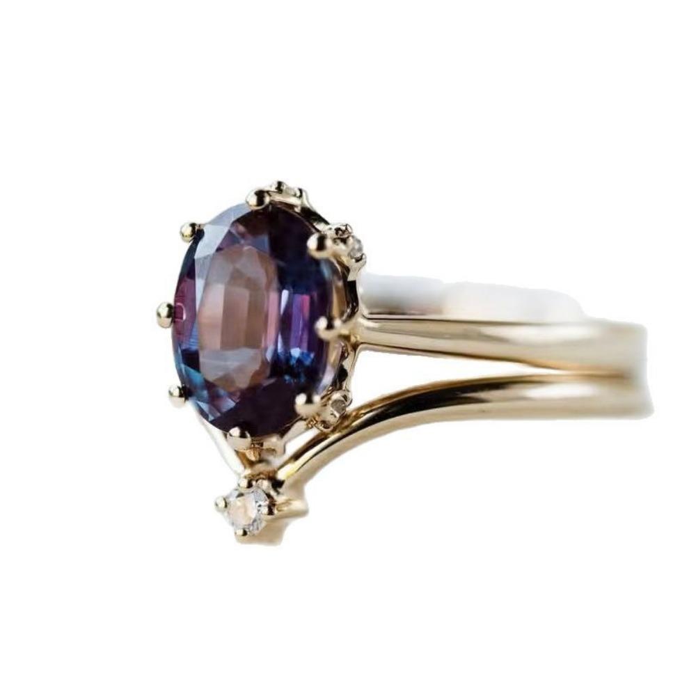 Luxury Jewelry Source, Super Simple Fashion Women's Pair Ring Inlaid with Amethyst Gold-plated Ins Jewelry