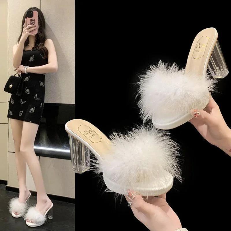 Fashion Fluffy Shoes Women's Slippers and Ladies Sandals Job Slides Heeled Sexy Furry Transparent Outside Open Toe Unique Easy Wears B Y