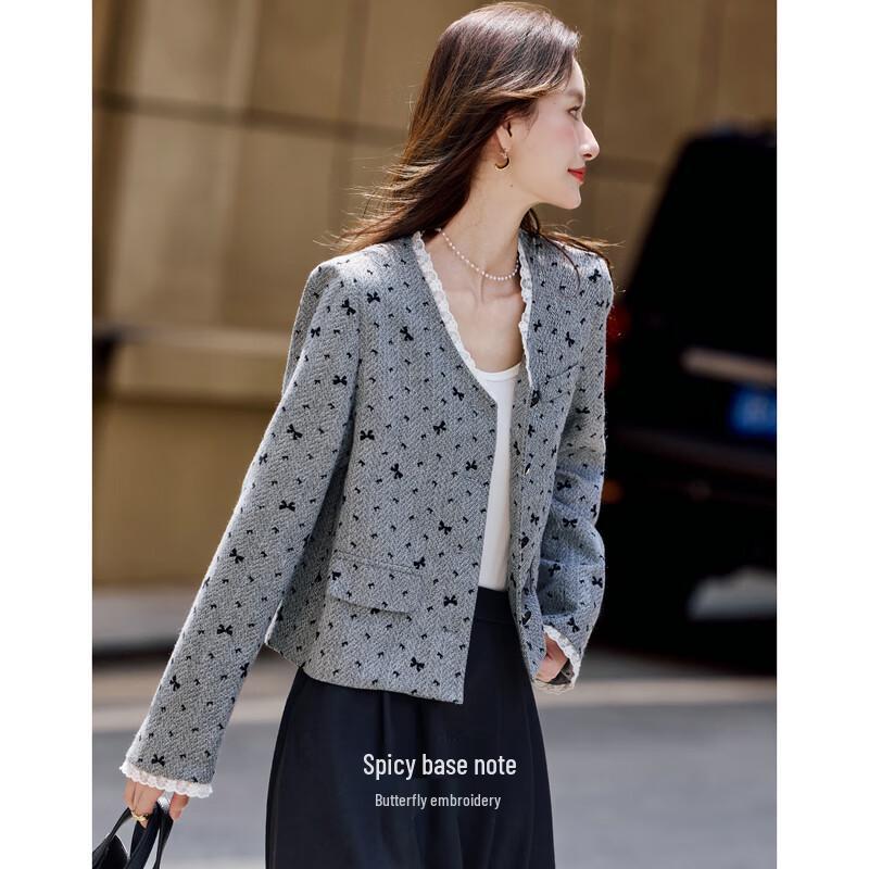 

Шанцзин Женская Шикарная Короткая Куртка с Принтом Бантиков и Кружевным Воротником XL