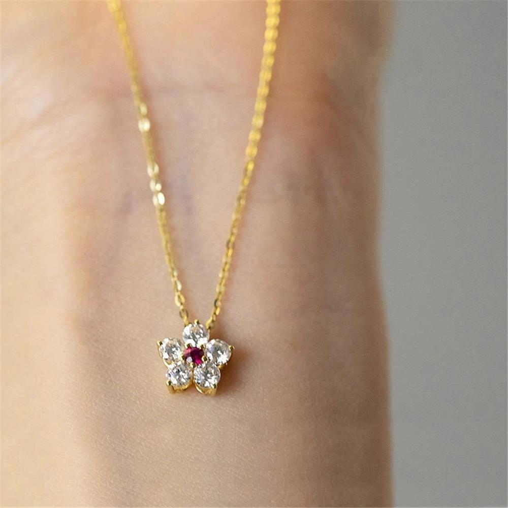 Luxury Female Crystal White Red Zircon Stone Flower Pendant Necklace Vintage Gold Color Wedding For Women