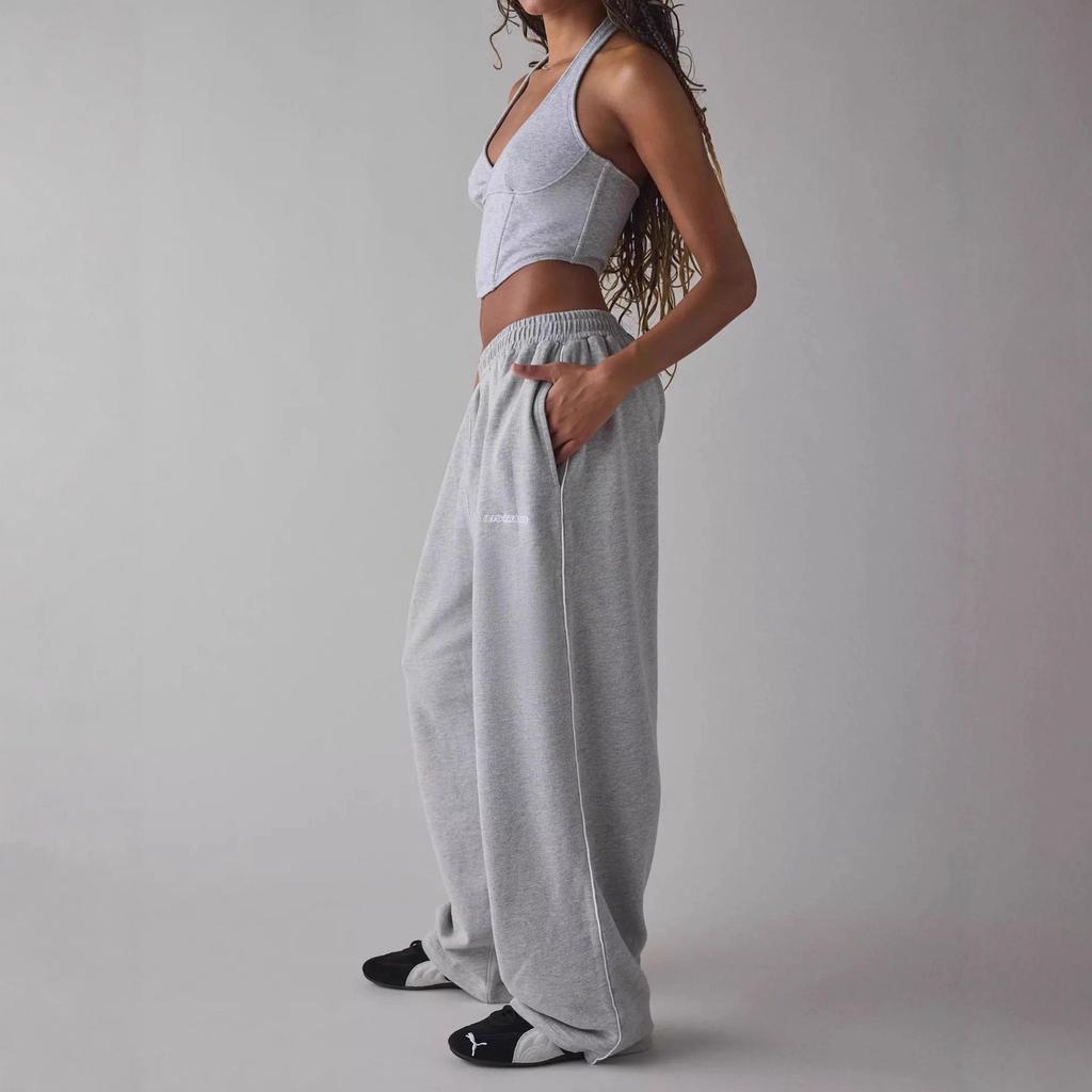 Pantaloni Sportivi da Donna Rosa Chiaro a Gamba Larga con Striscia Laterale e Vita Elastica