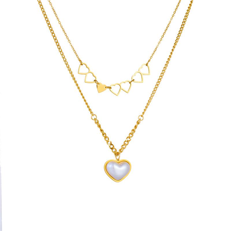 Fashion Creative Two Layer Layering Hollow Double Heart Pendant Chain Pearl Heart Necklace