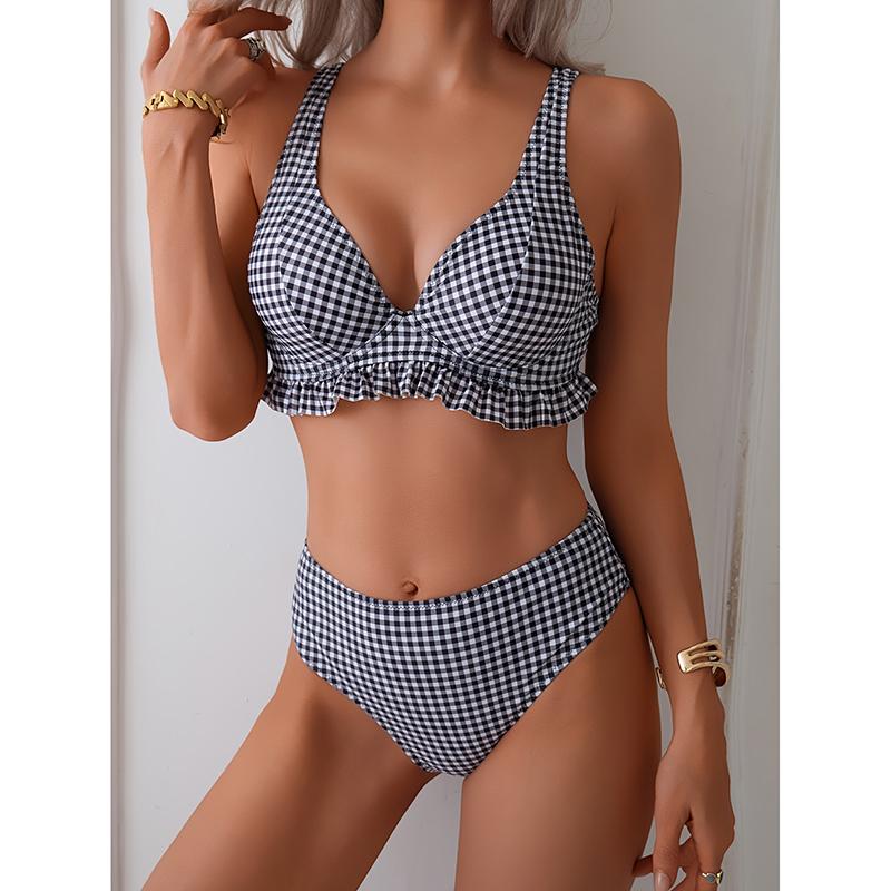 

Сексуальный клетчатый купальник бикини с оборками для женщин, женский купальник, комплект бикини из двух частей, купальный костюм для купания XL чёрный